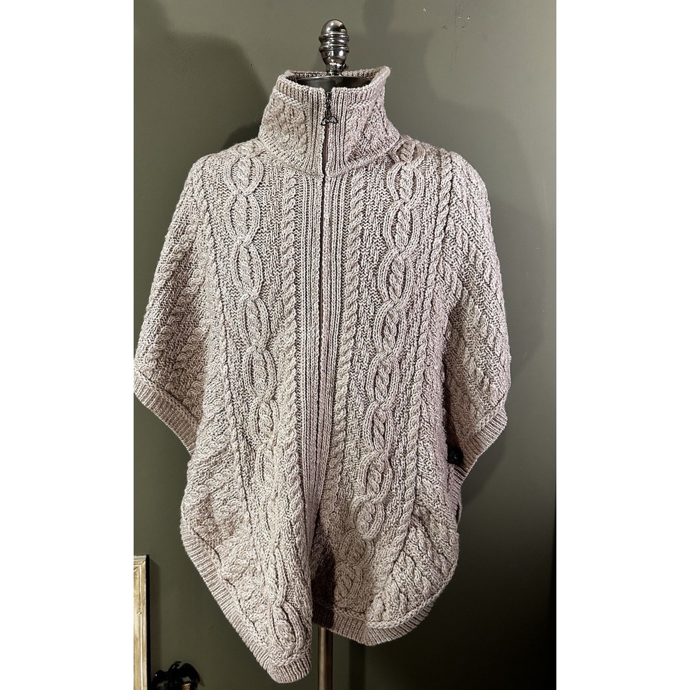 Aran Crafts Womens Irish Wool Poncho Sweater Full Zip 3D Knit Fisherman Sz Small